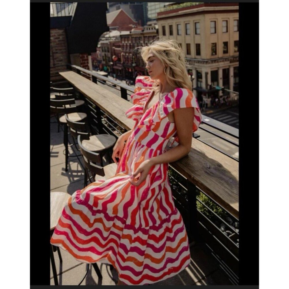 Flying Tomato V Neck Dress Striped Fiesta Tiered Maxi Dress Size Medium Tie Back
